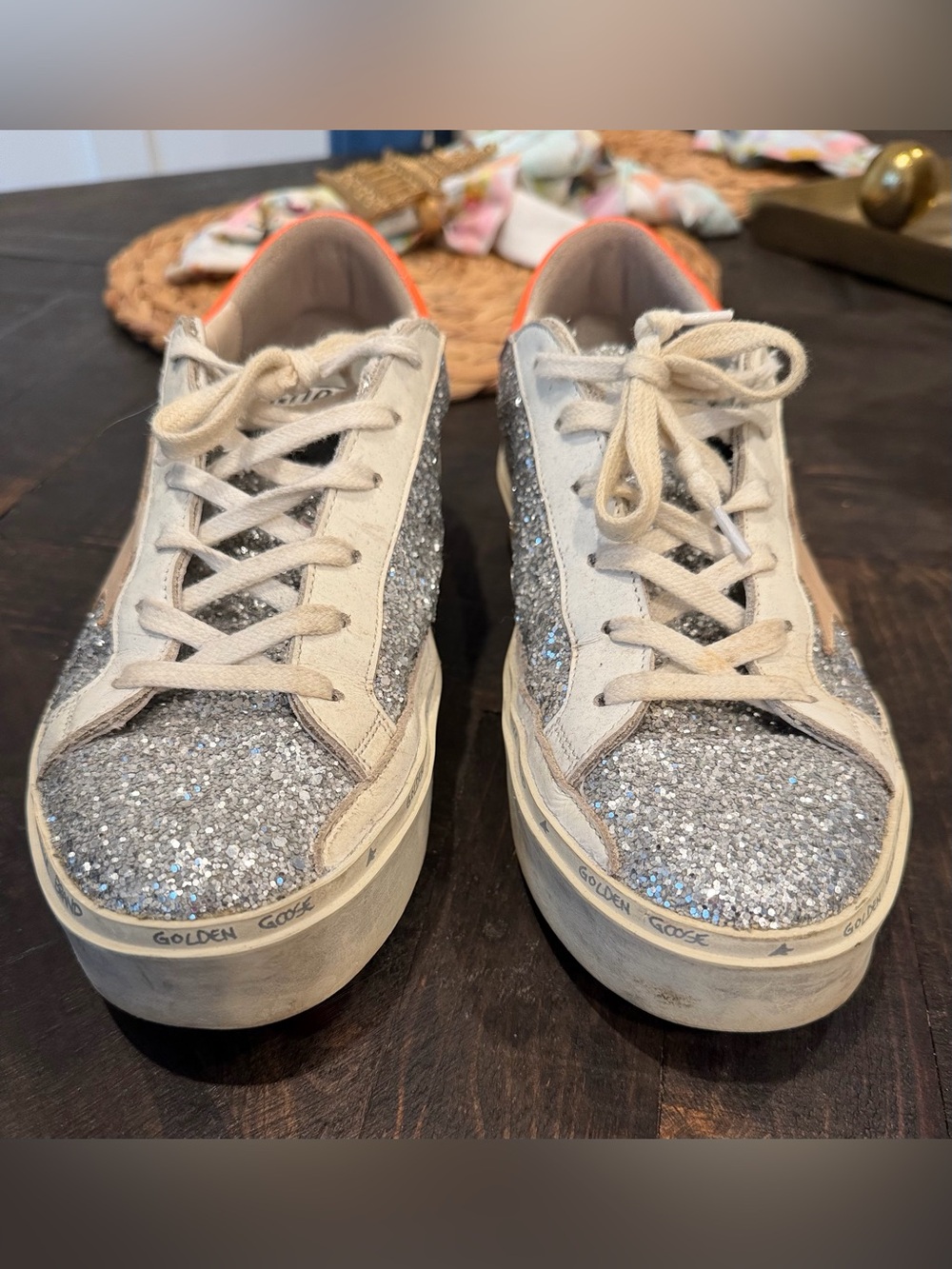 Golden Goose Hi Star Silver Glitter Sneaker with Peach Star/Orange Heel Tab - Picture 3 of 9